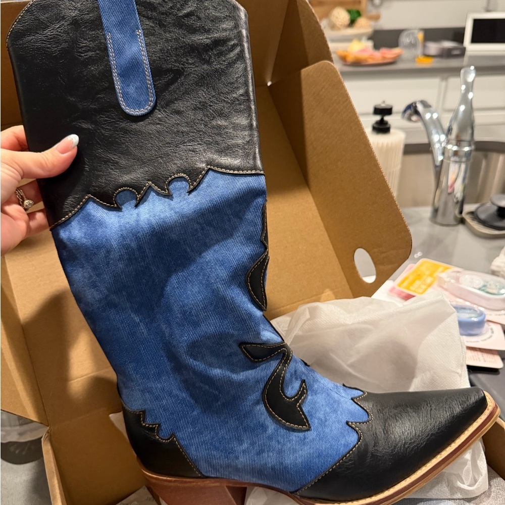 Women Denim Cowboy Boots with Black Accents - Picture 4 of 5